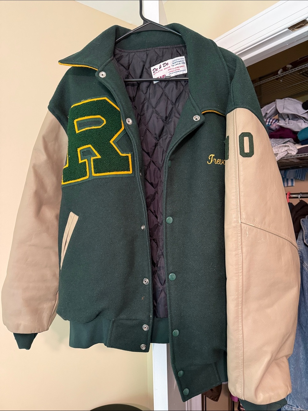 Vintage Green Wool & Leather Letterman Jacket with Yellow Accent